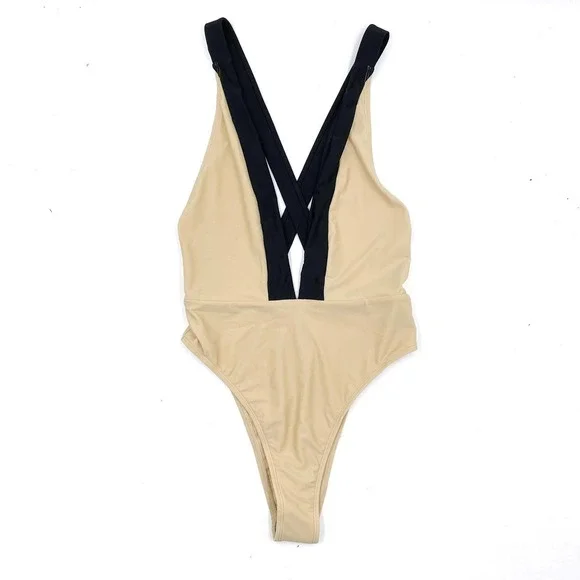 New Michael Costello Talliah One Piece Swimsuit Tan Black Crisscross Back Sz S - Picture 4 of 10